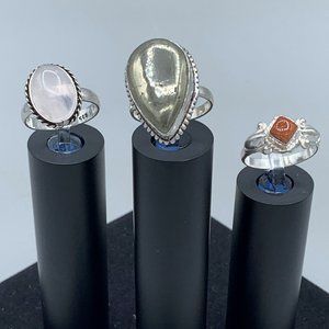 Set Of 3 Silver Toned Rings With Silver Metallic, Pink Opaque & Shimmery Orange